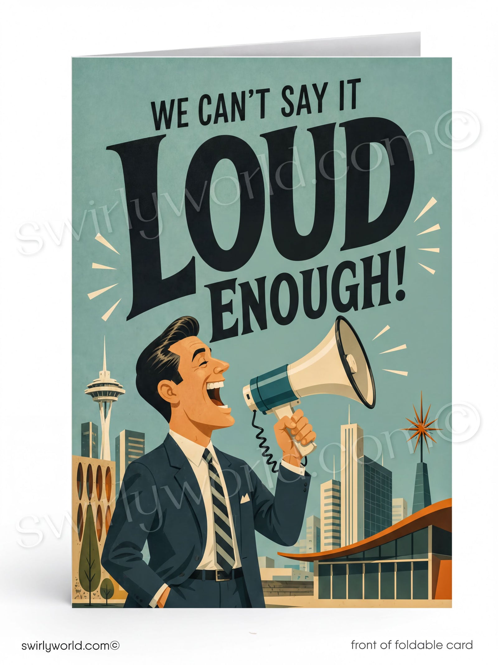 a man in a suit and tie holding a megaphone and shouting into it, with a city skyline in the background.