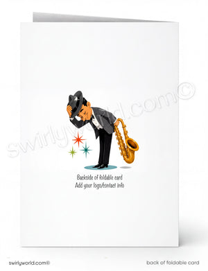 Greeting card with a cartoon character playing a saxophone on a white background