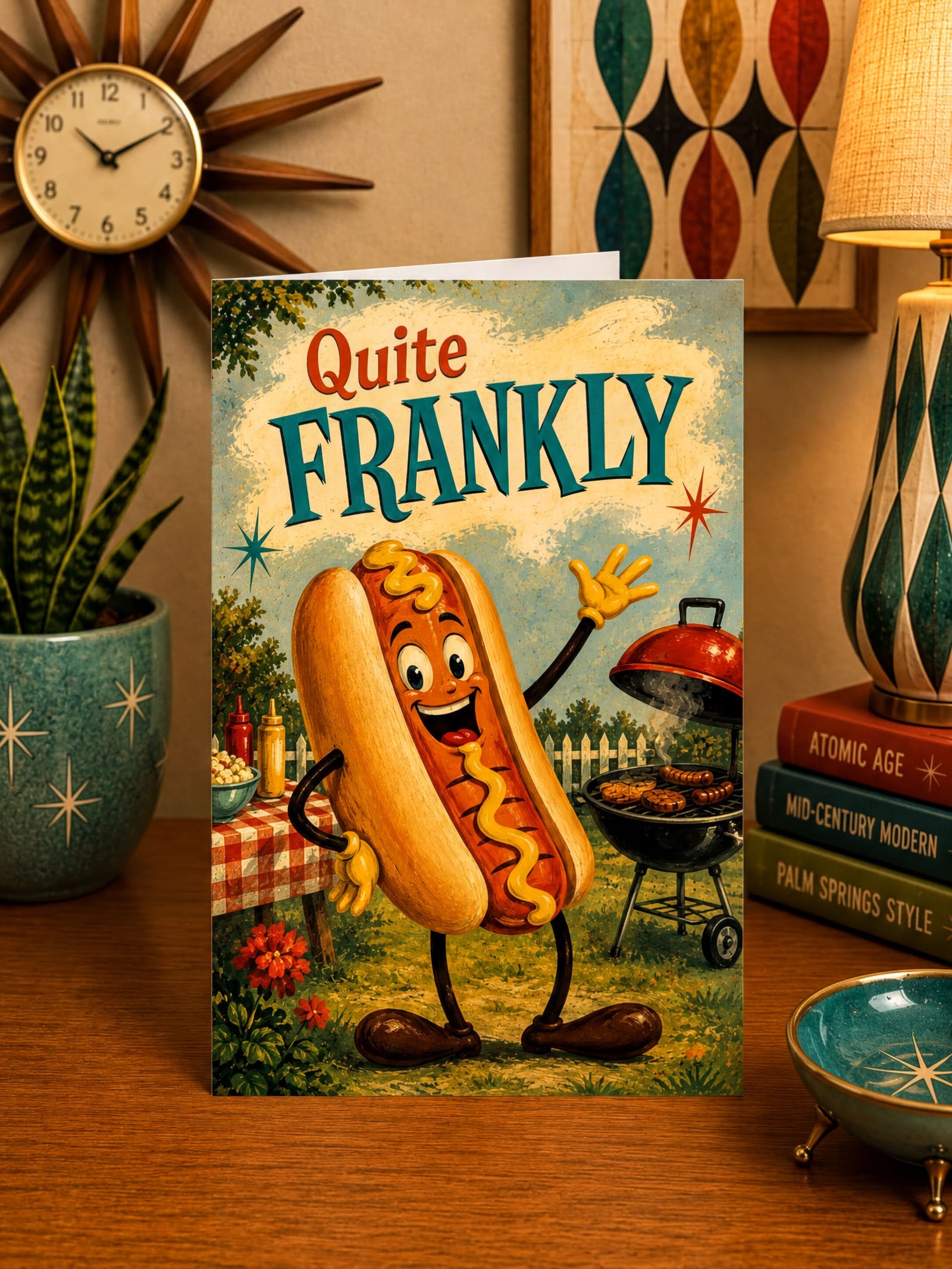 The image is a colorful illustration of a hot dog character with a friendly expression, standing in a grassy outdoor setting with a barbecue grill and other picnic items in the background.