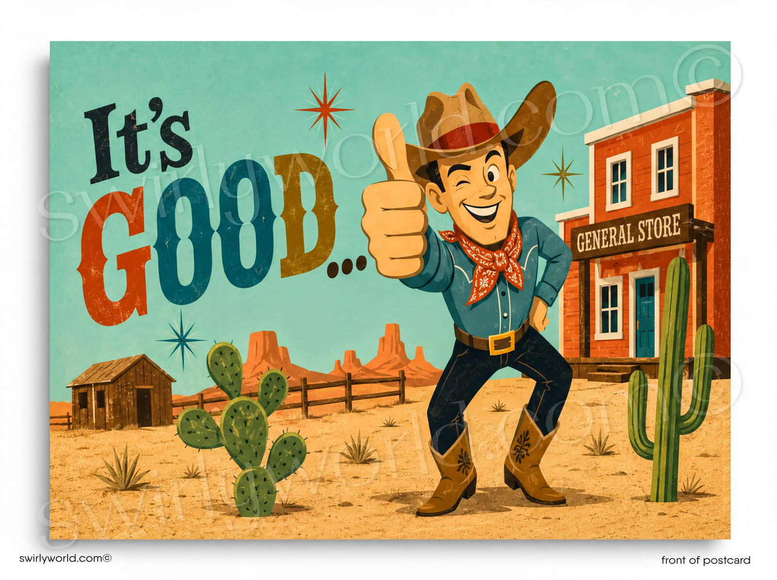 A cartoon cowboy giving a thumbs up in front of a red building with a "General Store" sign, surrounded by desert scenery with cacti and mountains in the background.