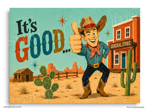 A cartoon cowboy giving a thumbs up in front of a red building with a "General Store" sign, surrounded by desert scenery with cacti and mountains in the background.