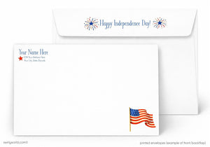 a white envelope with a patriotic design, including an American flag and fireworks. The envelope has a message that reads "Happy Independence Day" and a star indicating the recipient's address.