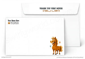 A printed thank-you envelope set shown on a white background, with a front envelope featuring the text 'THANK YOU VERY MUCH!' and a cartoon horse illustration, plus a second envelope behind it with placeholder text on the left.