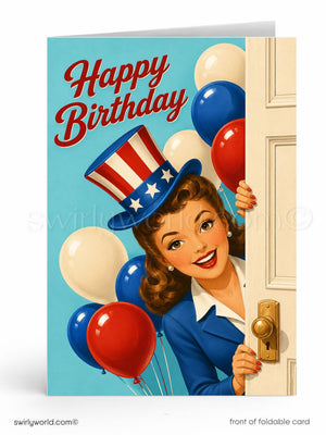 Birthday card with a woman in an American flag hat holding balloons and opening a door.