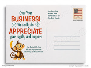 The image is a postcard featuring a cartoon monkey holding a banana, with text that reads "Over Your Business! We really do appreciate your loyalty and support." The postcard also includes a blank space for a business name, address, and a stamp.
