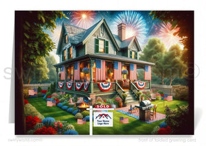 Celebrate the Fourth of July and maintain connections with your clients using our exclusive Happy 4th of July greeting cards, crafted specifically for Realtors. These cards feature a charming vintage Arts and Crafts Craftsman-style home, elegantly decorated with American flags and vibrant fireworks in the evening sky.