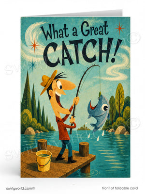 Card with cartoon character fishing, text 'What a Great Catch!', and nature background.