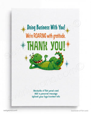 Card with a green dragon illustration and text expressing gratitude for business, on a white background.