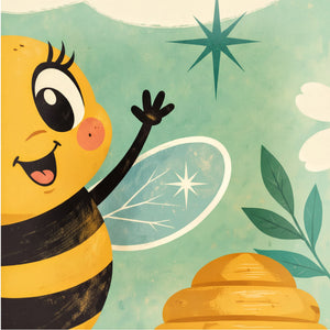 A cheerful cartoon bee with a big smile and a friendly expression is flying next to a honeycomb and a star in the sky.