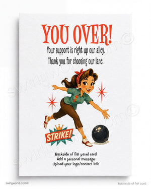 Vintage-style card with a girl bowling and text 'YOU OVER!' on a white background