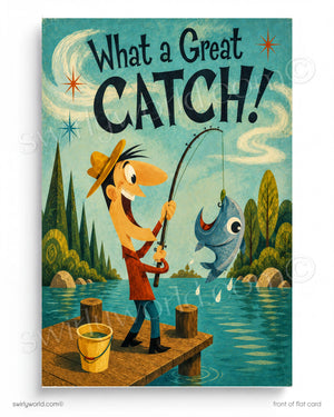 Illustration of a cartoon character fishing with a large fish and text 'What a Great Catch!' on a scenic background.