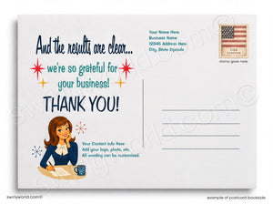Vintage-style business card with a woman illustration and text on a white background