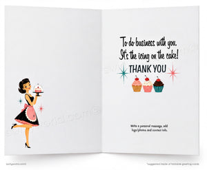 The image is a greeting card featuring a woman holding a cake and surrounded by cupcakes. The card has a message that reads "To do business with you. It's the icing on the cake! Thank YOU" along with a list of instructions for writing a personal message, including adding a logo, photos, and contact information.
