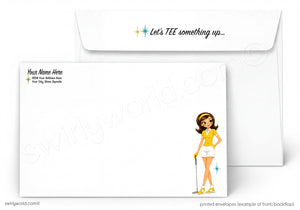 A printed stationery set shown on a white background: a white envelope behind a matching white envelope card. The envelope has the phrase “Let’s TEE something up.