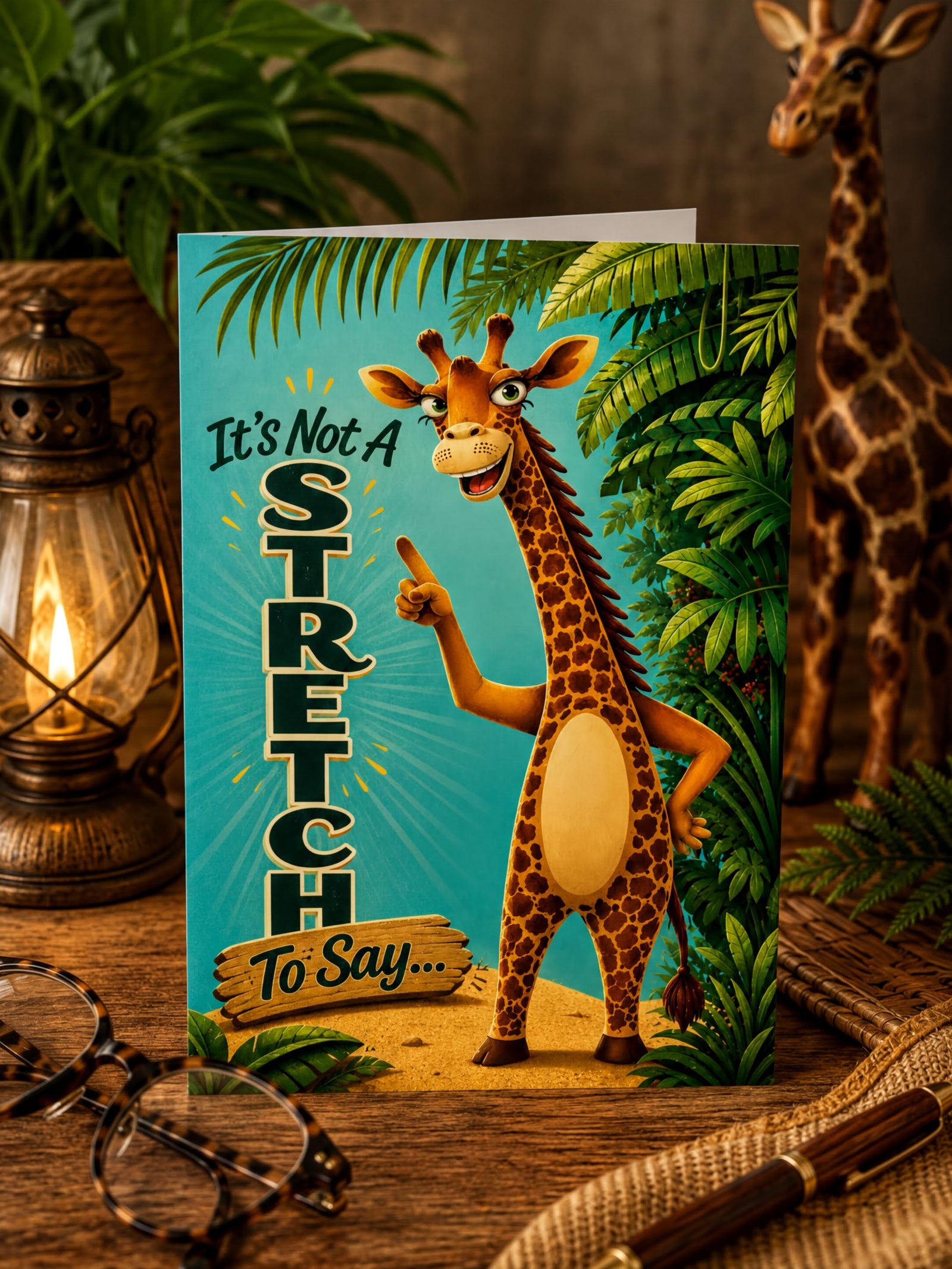 Cartoon giraffe in a jungle setting with text 'It's Not A Stretch To Say' on a blue background.