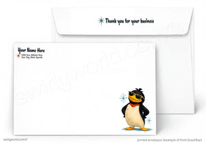 A printed stationery set showing a white envelope with a penguin illustration and a white letterhead card with placeholder text, on a light gray background.