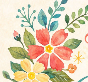 The image is a vibrant and colorful floral arrangement, featuring a variety of flowers and leaves in shades of red, yellow, and green.