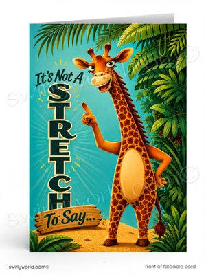 Cartoon giraffe in a jungle setting with text 'It's Not A Stretch To Say' on a blue background.