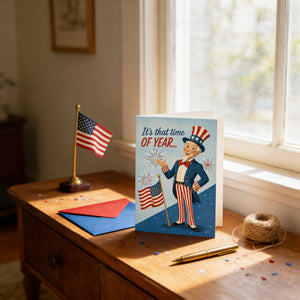 a card with an illustration of a man wearing a top hat and waving an American flag, placed on a wooden table next to a pen, a small American flag, and some confetti.