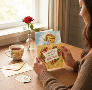 A woman is sitting at a table, reading a card with a picture of a young girl on it. The card has a message that says "I wanted to say... have a happy Mother's Day". There is also a vase with a red rose and a cup of tea on the table.