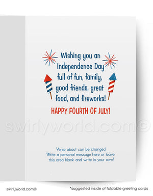 The image is a greeting card for Independence Day, featuring a patriotic design with fireworks and text wishing the recipient a happy Fourth of July.