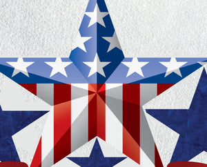 The image is a collage featuring a star design with red, white, and blue colors, resembling the American flag.
