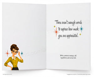 Open card with a vintage-style illustration of a woman and text expressing appreciation.