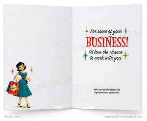 An open greeting card shown front and back on a white background. The left panel features a retro-style illustration of a woman in a teal dress holding a red and orange shopping bag with the word 'SALE'.