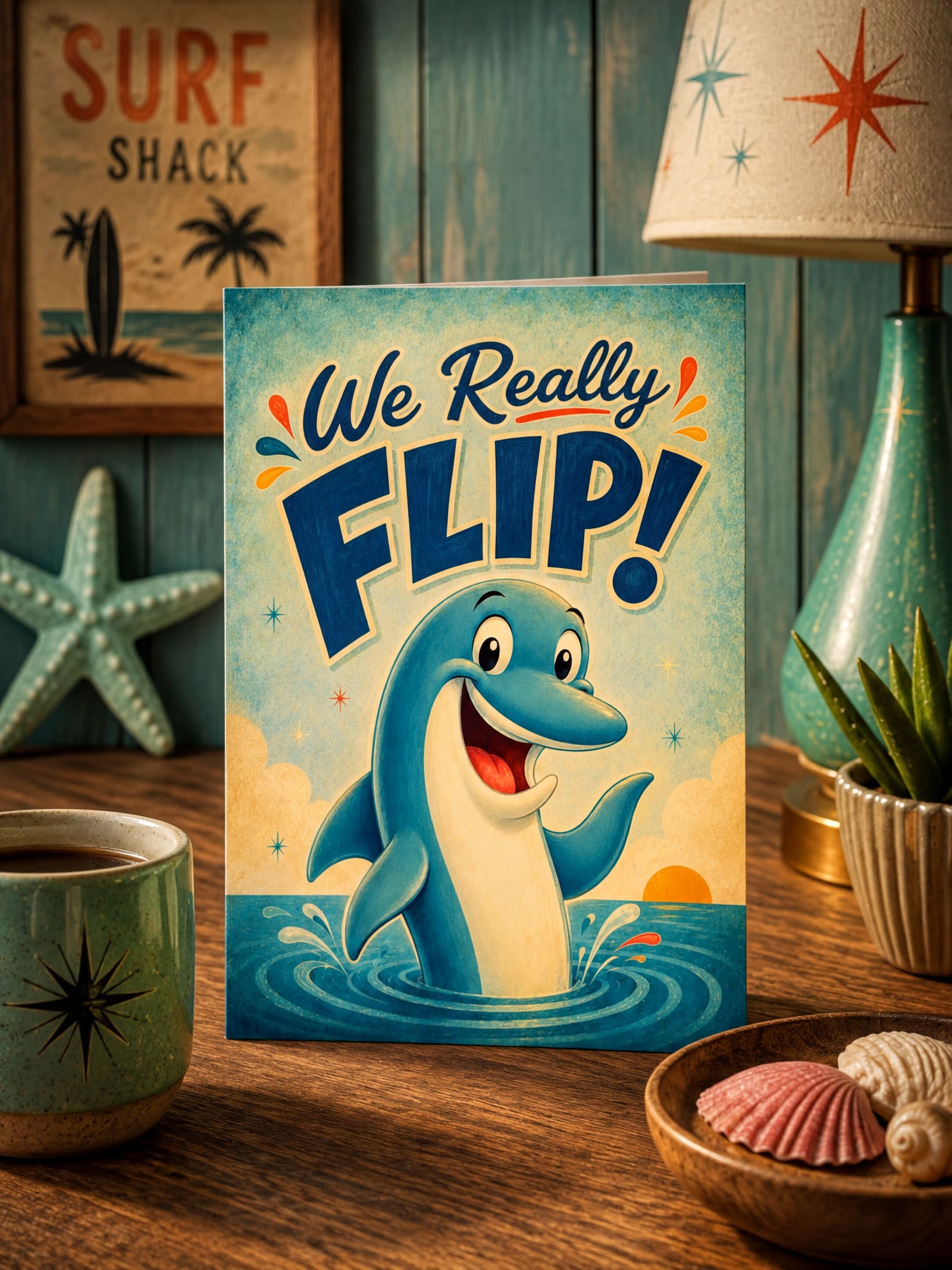 A folded greeting card shown front-on against a white background. The card features a retro-style illustration of a smiling blue dolphin rising from water with the text 'We Really FLIP!' in large navy lettering.