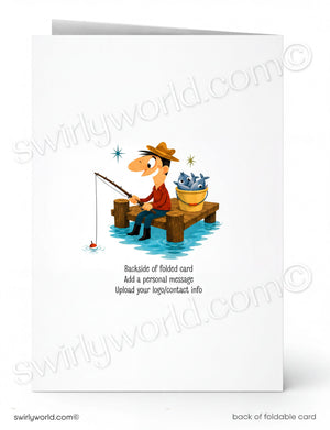 Illustration of a cartoon fisherman on a card with 'swirlyworld.com' branding.