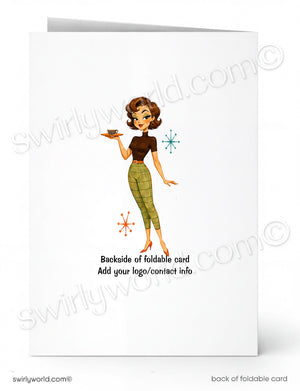 A folded greeting card shown front and back on a white background. The front features a retro-style illustration of a woman in a brown top and olive green pants holding a cup, with small starburst accents.