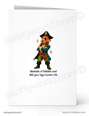 A white foldable card shown front and back on a light gray background. The front features a small pirate illustration with a skull-and-crossbones hat, eye patch, red bandana, green coat, striped pants, and orange star accents, with the text 'Backside of foldable card Add your logo/contact info' below.