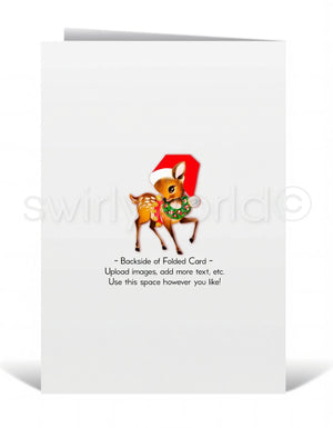 A white card with a printed image of a deer wearing a Santa hat.
