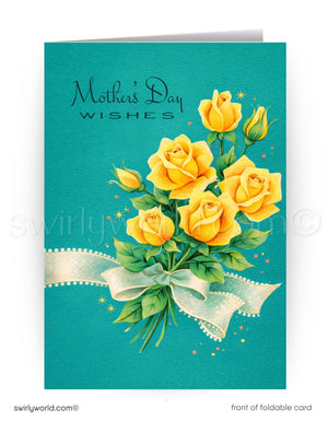 Greeting card with yellow roses and 'Mother's Day Wishes' text on a teal background
