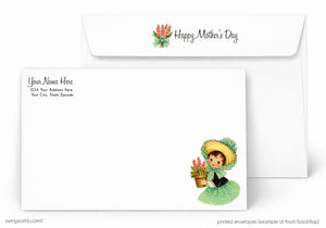 Mother's Day card with a child holding flowers and an envelope with 'Happy Mother's Day' text.