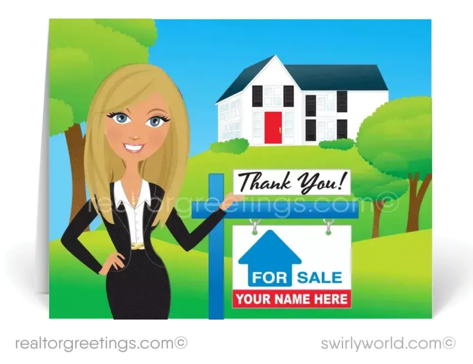 A cartoon illustration of a blonde woman standing in front of a house, holding a "Thank You" sign. The house is surrounded by trees, and there is a "For Sale" sign in the foreground.