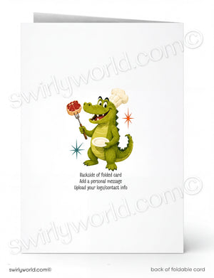 A cartoon image of a green alligator wearing a chef's hat and holding a plate of food, with a starburst design above it.