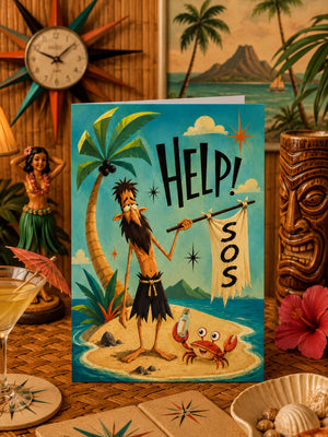a colorful illustration of a man standing on a beach holding a sign that says "Help! Sos", surrounded by various tropical elements such as palm trees, a tiki statue, and a cocktail glass.