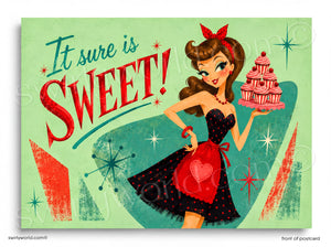 Vintage-style poster with a woman holding a cupcake tower and text 'It sure is SWEET!' on a green background.