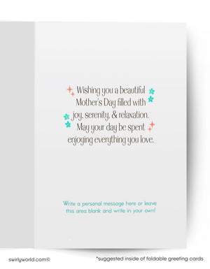 The image is a greeting card with a message for Mother's Day. It features a personal message for the mother, wishing her a beautiful Mother's Day filled with joy, serenity, and relaxation. The card suggests that the mother may enjoy spending her day doing things she loves, and it encourages her to write a personal message in the blank area to express her feelings and thoughts.