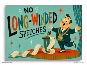 Cartoon character in a suit with a podium and text 'No Long-Winded Speeches' on a blue background