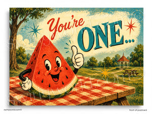 Vintage-style birthday card with a watermelon character giving a thumbs up on a picnic table.