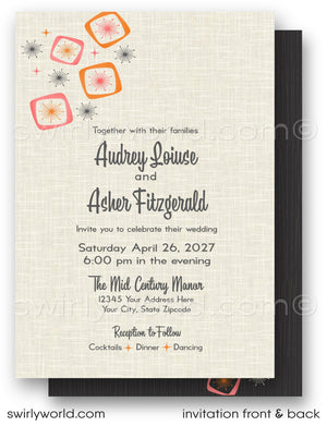 The image is a wedding invitation featuring a retro style with a beige background and orange and black geometric shapes.