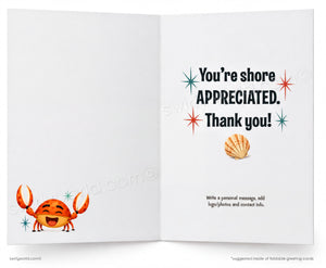 The image is a greeting card with a crab and a seashell on the left side, and a message on the right side expressing gratitude.