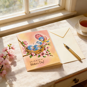 A Mother's Day card with a pink and yellow floral design, featuring a nest with two blue birds, sits on a table next to a cup of tea and a pen.