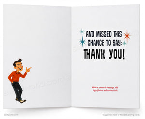 Open card with cartoon character and text 'And missed this chance to say: Thank you!' on a white background