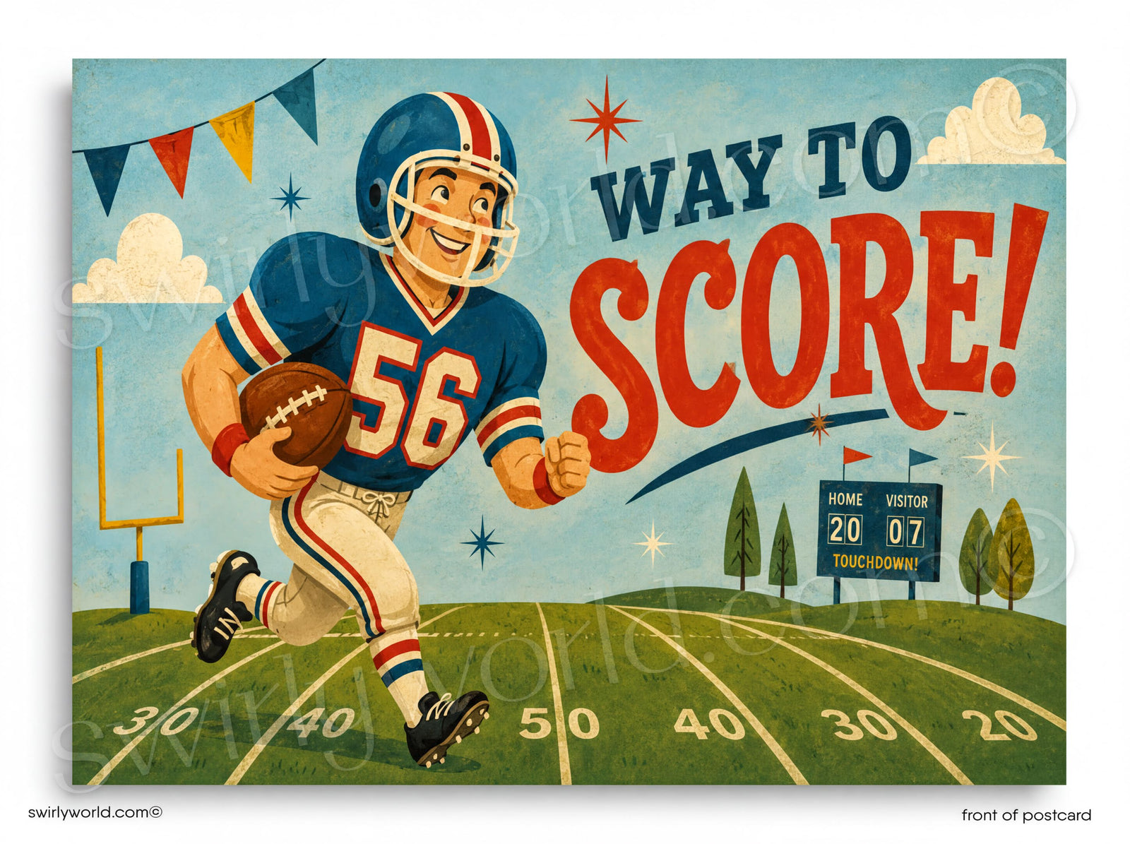 Vintage-style football poster with a player and 'Way to Score!' text on a sports field background.