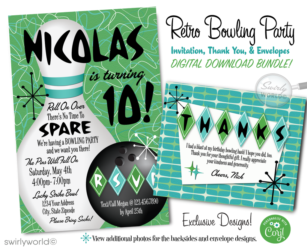 Get ready to bowl your guests over with our Atomic Retro "10 Pin" 1950s Bowling Alley Themed Printed Birthday Party Invitation Set. This design suite captures the essence of the Mid-Century Modern aesthetic, featuring iconic starbursts, sputniks, and boomerang shapes with an image of a bowling ball and pins.