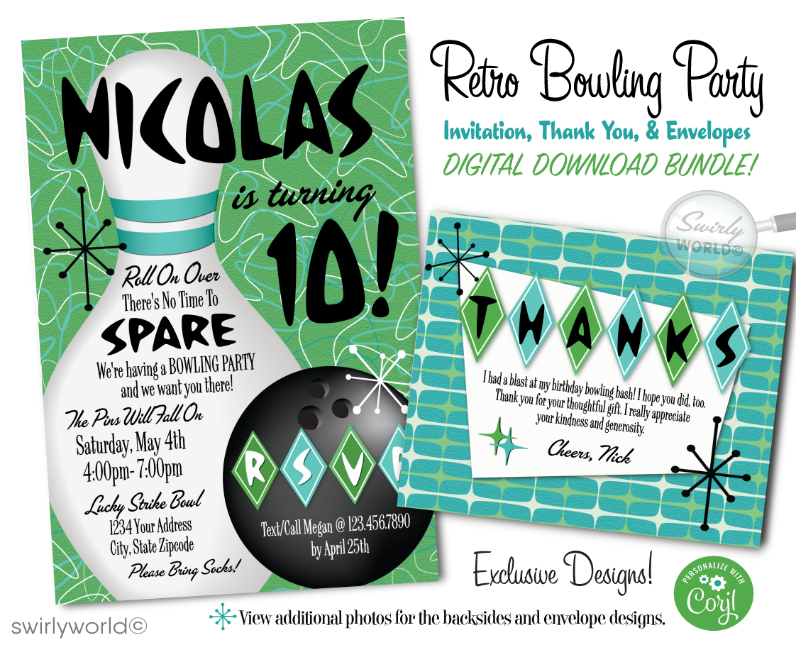Bowl your guests over with our "10 Pin" Atomic Retro 1950s Bowling Alley Birthday Party Invitation Set! Featuring starbursts, sputniks, and boomerang shapes in green and blue. Includes customizable invites, thank you cards, and envelopes. Perfect for a Mid-Century Modern bowling party. Download & personalize instantly!
