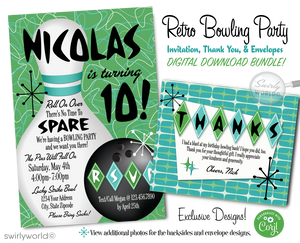 Bowl your guests over with our "10 Pin" Atomic Retro 1950s Bowling Alley Birthday Party Invitation Set! Featuring starbursts, sputniks, and boomerang shapes in green and blue. Includes customizable invites, thank you cards, and envelopes. Perfect for a Mid-Century Modern bowling party. Download & personalize instantly!